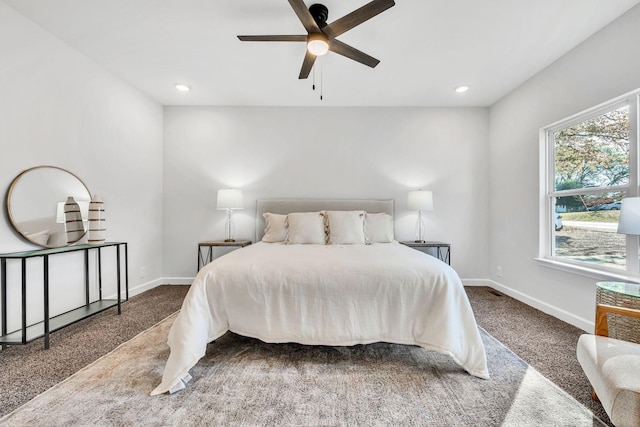 bedroom featuring carpet floors, recessed lighting, and baseboards