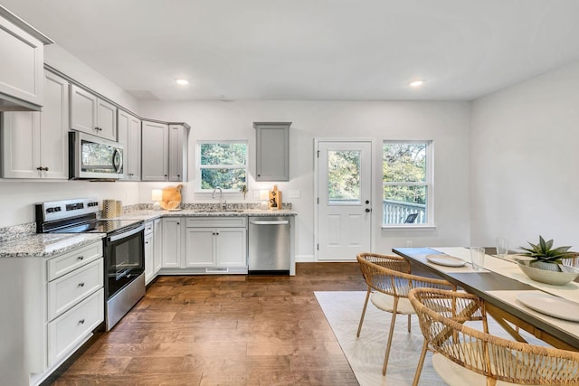 kitchen with dark wood-type flooring, light stone countertops, stainless steel appliances, a sink, and recessed lighting