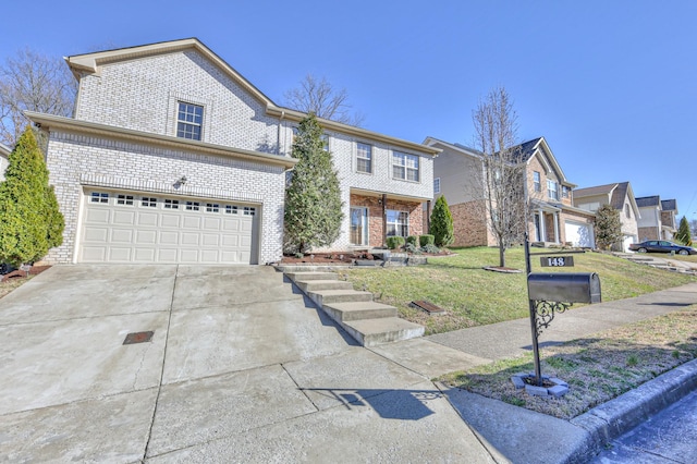 view of front of house featuring driveway, a garage, a residential view, a front lawn, and brick siding