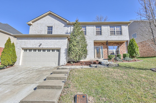 view of front of house with driveway, brick siding, and a front yard