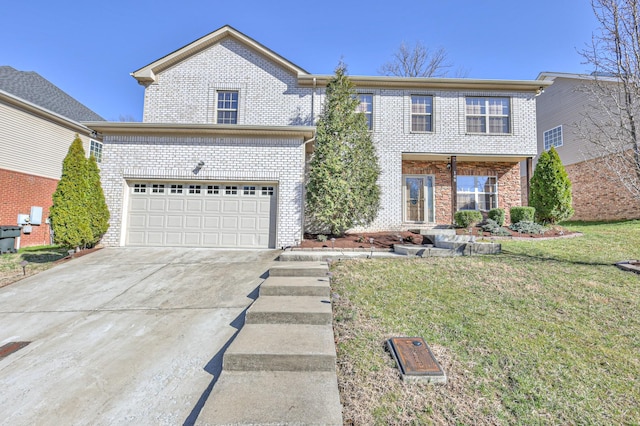 view of front of house with brick siding, driveway, and a front lawn