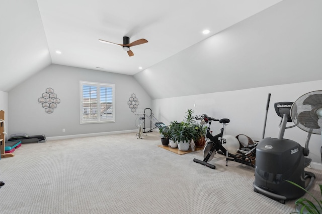 exercise room with carpet, lofted ceiling, recessed lighting, ceiling fan, and baseboards