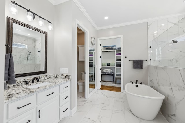 full bathroom with vanity, marble finish floor, ornamental molding, a spacious closet, and a marble finish shower