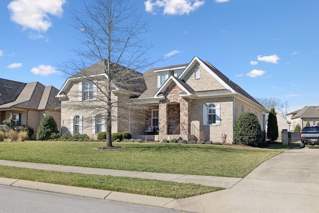 view of front of property with stone siding, a front lawn, and brick siding