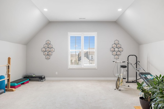 exercise room with carpet, lofted ceiling, and recessed lighting