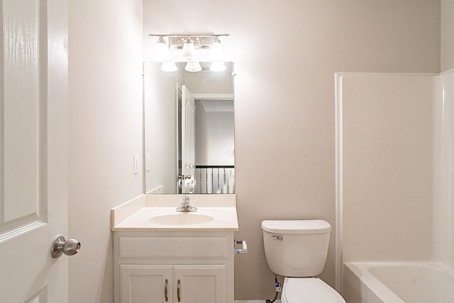 bathroom with toilet, shower / bath combination, and vanity