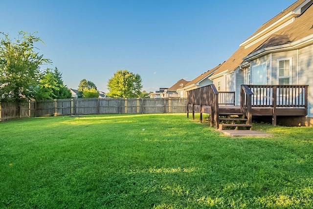 view of yard with a fenced backyard and a wooden deck