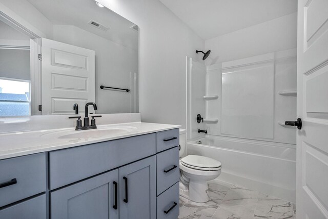 full bath featuring toilet, vanity, visible vents, marble finish floor, and shower / bathing tub combination