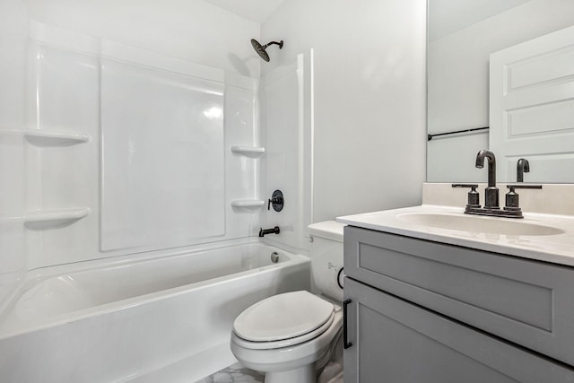 bathroom with shower / bathtub combination, marble finish floor, vanity, and toilet