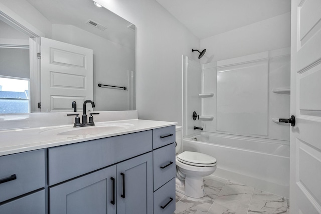 bathroom featuring toilet, vanity, visible vents, marble finish floor, and  shower combination