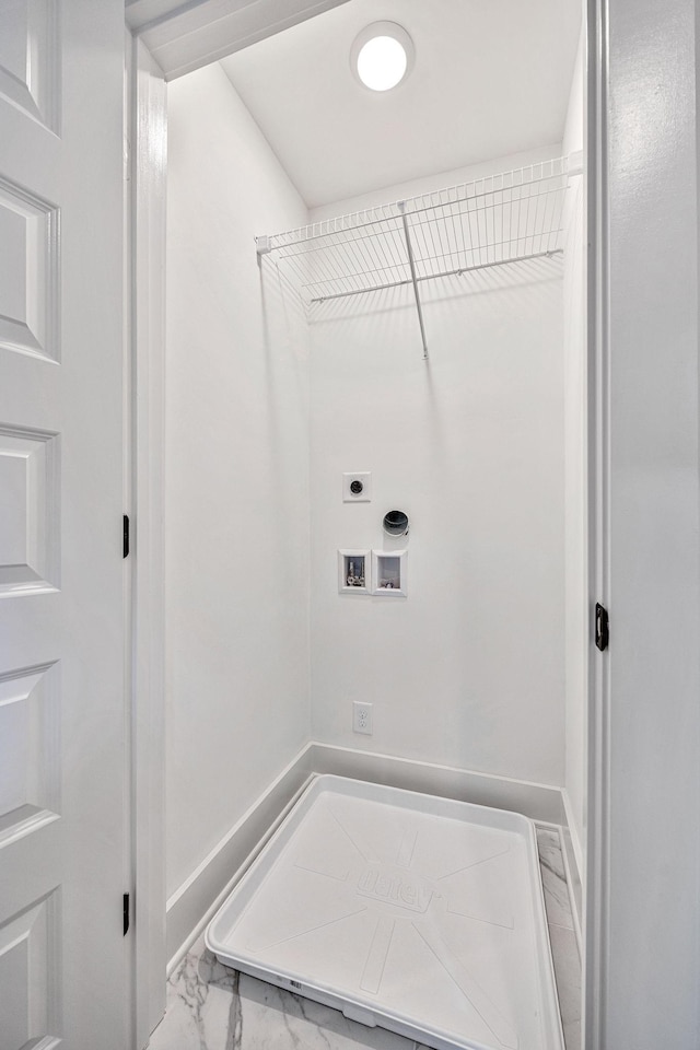 clothes washing area featuring laundry area, marble finish floor, washer hookup, and electric dryer hookup