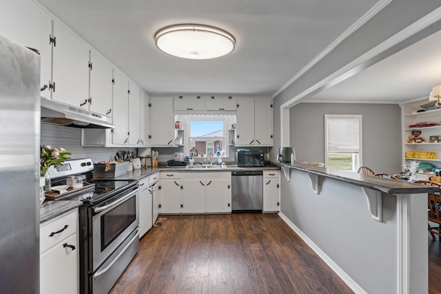 kitchen with appliances with stainless steel finishes, dark wood-type flooring, white cabinets, a peninsula, and under cabinet range hood