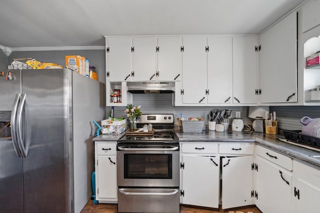 kitchen featuring ornamental molding, appliances with stainless steel finishes, white cabinetry, and under cabinet range hood