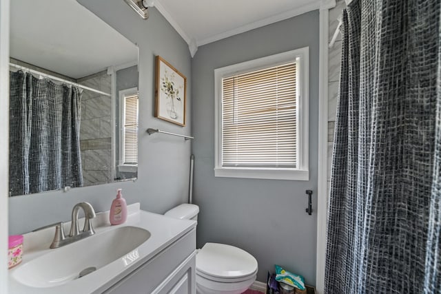 full bath with toilet, curtained shower, ornamental molding, and vanity