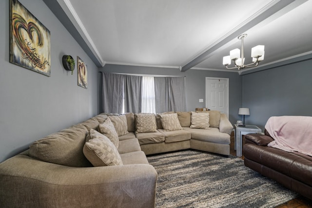 living area featuring ornamental molding and a notable chandelier