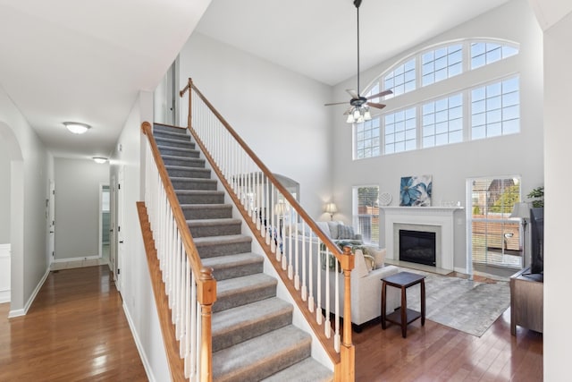806 Warrington Ct, Gallatin, TN 37066 - staircase featuring wood finished floors, baseboards, a high end fireplace, and ceiling fan