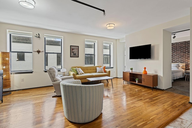 living area with rail lighting and light wood finished floors