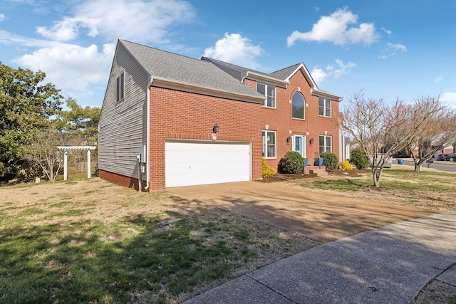 view of front of property featuring an attached garage, brick siding, driveway, and a front lawn