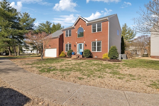 colonial inspired home with brick siding, concrete driveway, central AC, a garage, and a front lawn