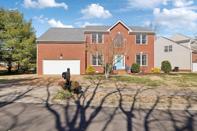 colonial-style house with driveway, roof with shingles, and brick siding