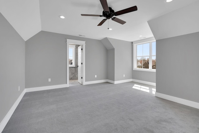bonus room with vaulted ceiling, carpet floors, a ceiling fan, baseboards, and recessed lighting