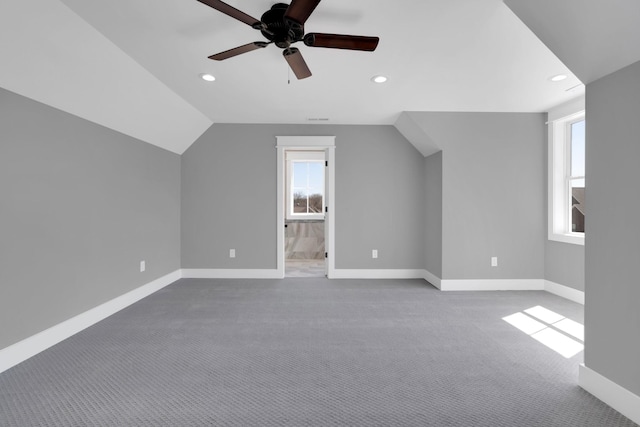 bonus room with vaulted ceiling, carpet floors, a ceiling fan, baseboards, and recessed lighting