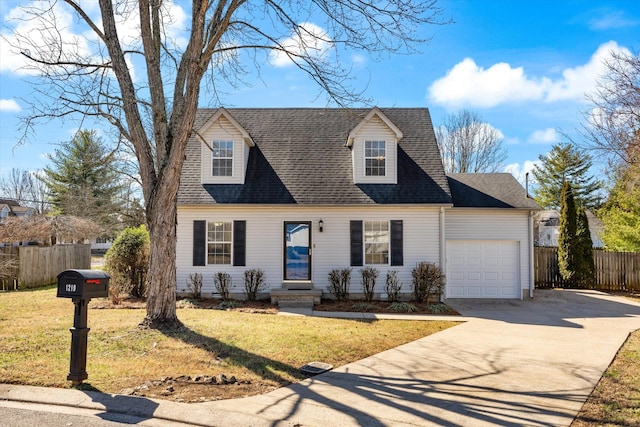 cape cod house featuring a front yard, fence, and an attached garage