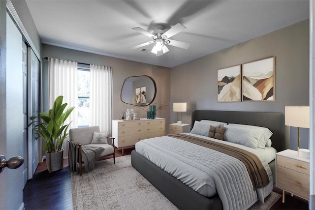 bedroom featuring a closet, ceiling fan, and wood finished floors