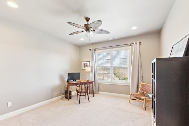 office area with recessed lighting, visible vents, a ceiling fan, light carpet, and baseboards