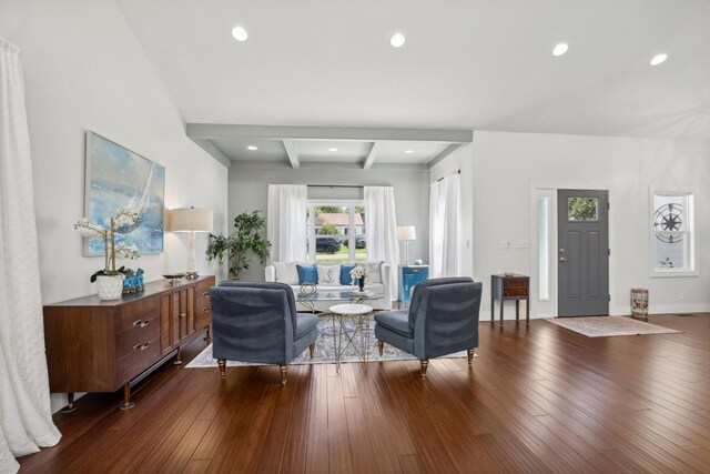 sitting room with dark wood-style flooring, recessed lighting, beam ceiling, and baseboards