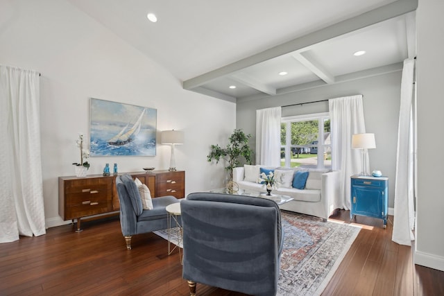 living area featuring recessed lighting, beam ceiling, baseboards, and hardwood / wood-style floors