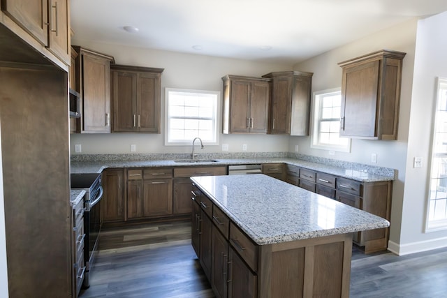 kitchen featuring appliances with stainless steel finishes, a wealth of natural light, dark wood-type flooring, and a sink