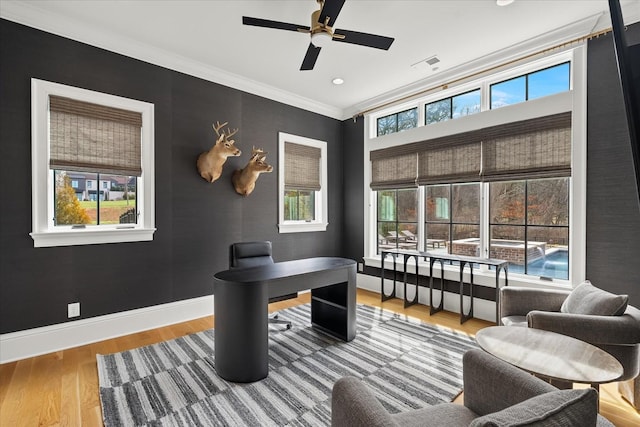 office with ceiling fan, wood finished floors, visible vents, baseboards, and crown molding