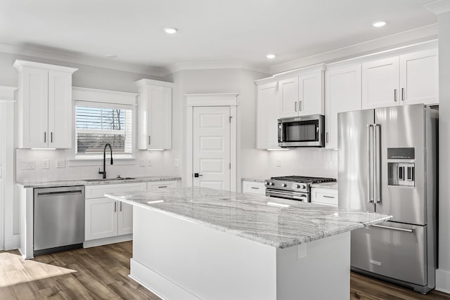 kitchen with dark wood-style floors, high quality appliances, white cabinets, and a sink