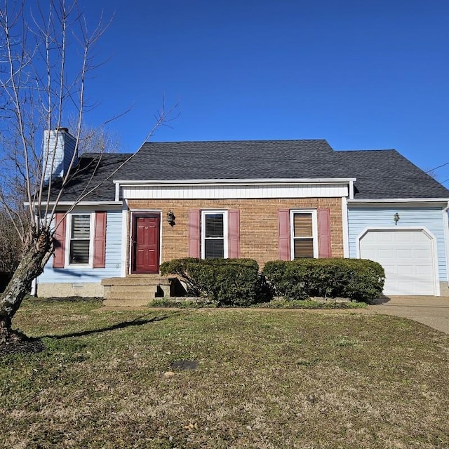 single story home with roof with shingles, a chimney, an attached garage, and a front yard