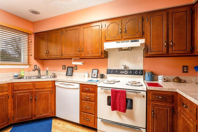 kitchen with white appliances, light countertops, a sink, and under cabinet range hood