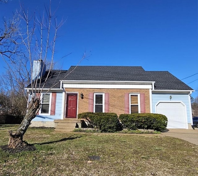 ranch-style home with brick siding, roof with shingles, a chimney, an attached garage, and a front yard