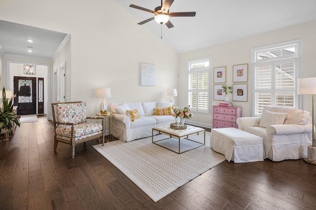 living room featuring crown molding, high vaulted ceiling, ceiling fan, and dark wood-style flooring