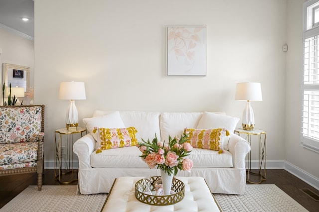 living area with visible vents, wood finished floors, a wealth of natural light, and baseboards