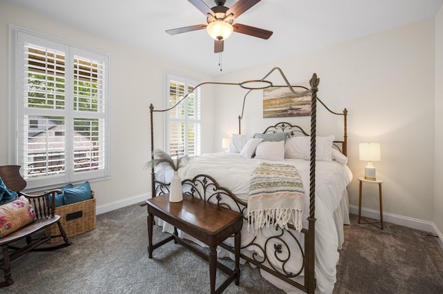 bedroom featuring carpet, baseboards, and a ceiling fan