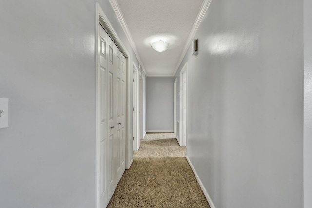 corridor with a textured ceiling, ornamental molding, carpet flooring, and baseboards