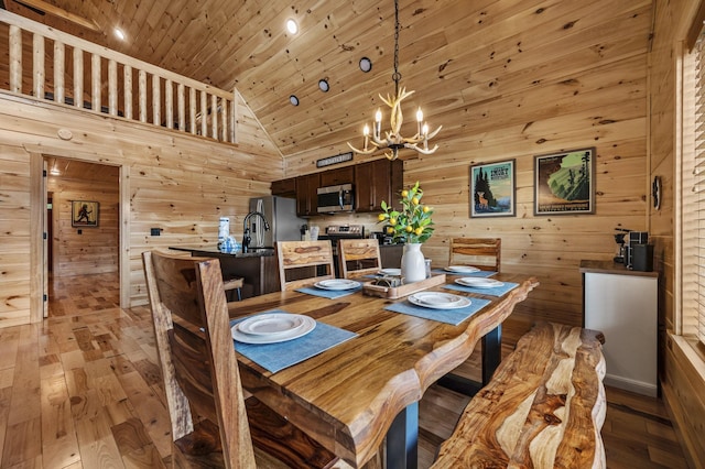 dining space featuring high vaulted ceiling, light wood-style floors, wood ceiling, wood walls, and a chandelier