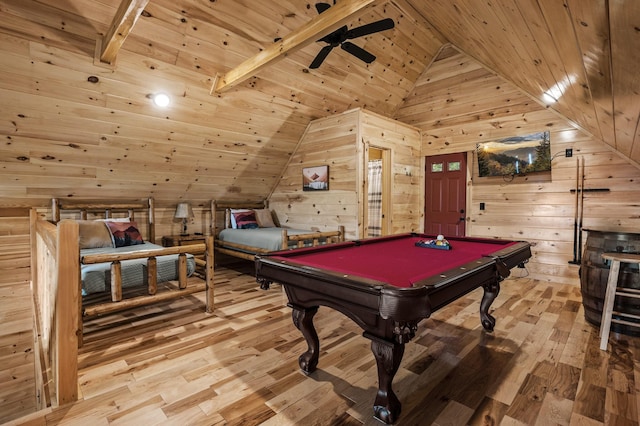 recreation room with vaulted ceiling, wood walls, wood finished floors, wooden ceiling, and billiards