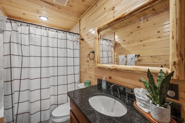 full bath featuring visible vents, toilet, wood ceiling, wooden walls, and vanity