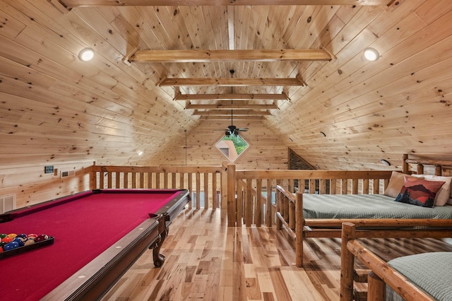 playroom featuring vaulted ceiling with beams, wood ceiling, wood walls, and wood finished floors