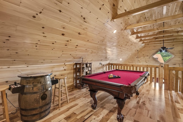 playroom featuring billiards, wooden walls, lofted ceiling with beams, wooden ceiling, and wood finished floors