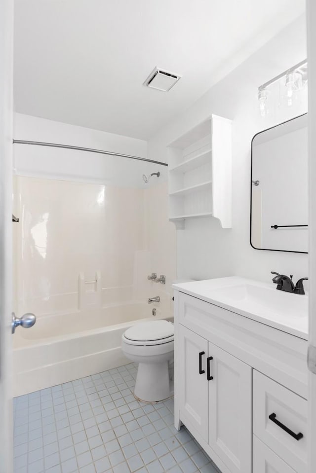 full bathroom featuring visible vents, toilet, tile patterned flooring, tub / shower combination, and vanity