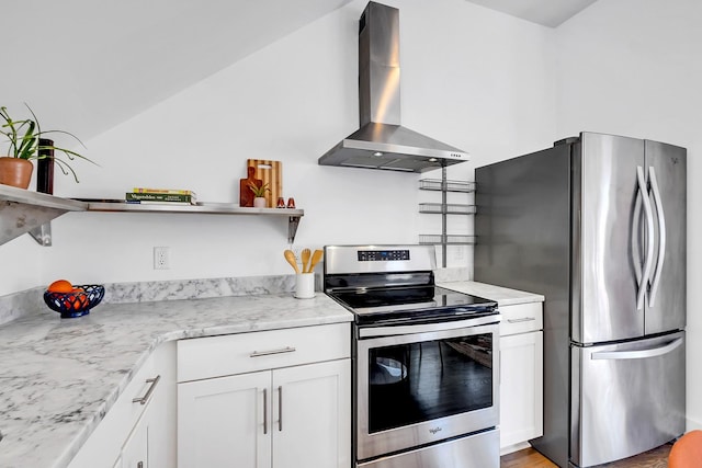 kitchen with white cabinetry, wall chimney range hood, appliances with stainless steel finishes, light stone countertops, and open shelves