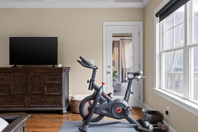 workout area featuring ornamental molding, baseboards, and wood finished floors