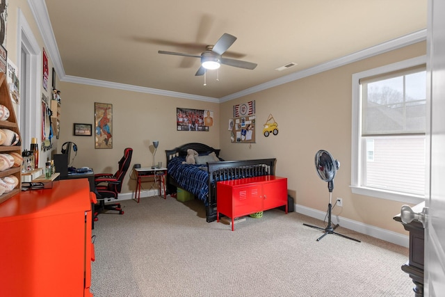 bedroom with baseboards, visible vents, ceiling fan, ornamental molding, and carpet flooring